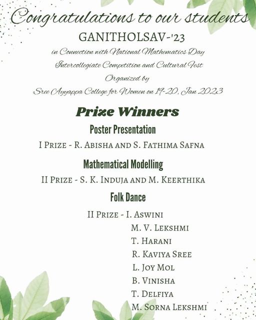 Students of the department of Mathematics, participated and won prizes in GANITHOLSAV-'23, an intercollegiate Competition organized by Sree Ayyappa College for Women on 19, 20 Jan 2023.
